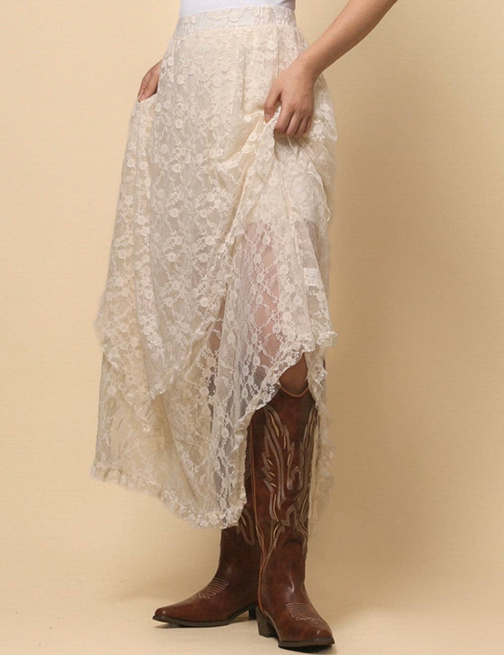 Ladies Floral Lace Layering Slip Midi Skirt- Beige