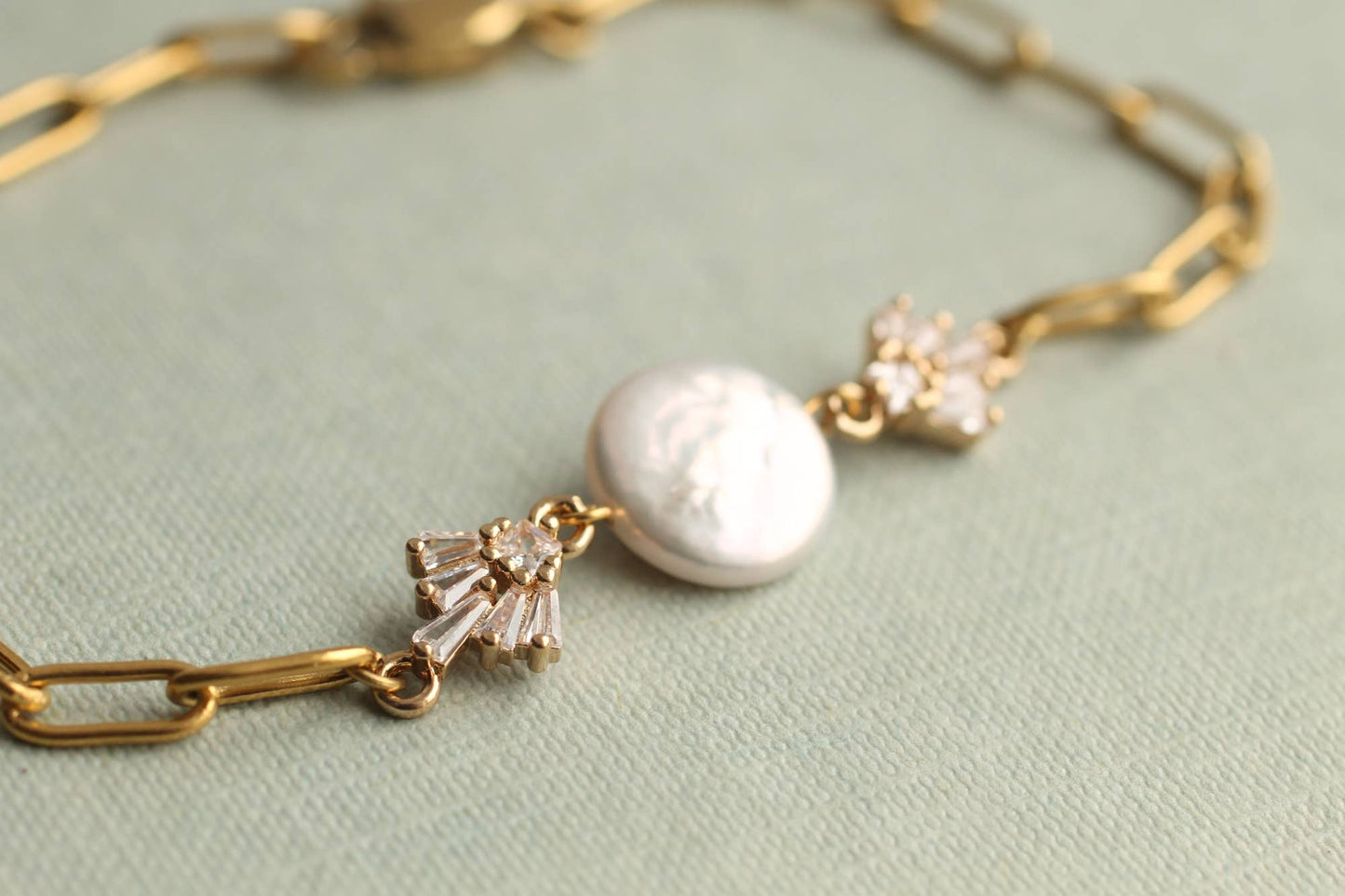 Gold Art Deco Freshwater Pearl Chain Bracelet
