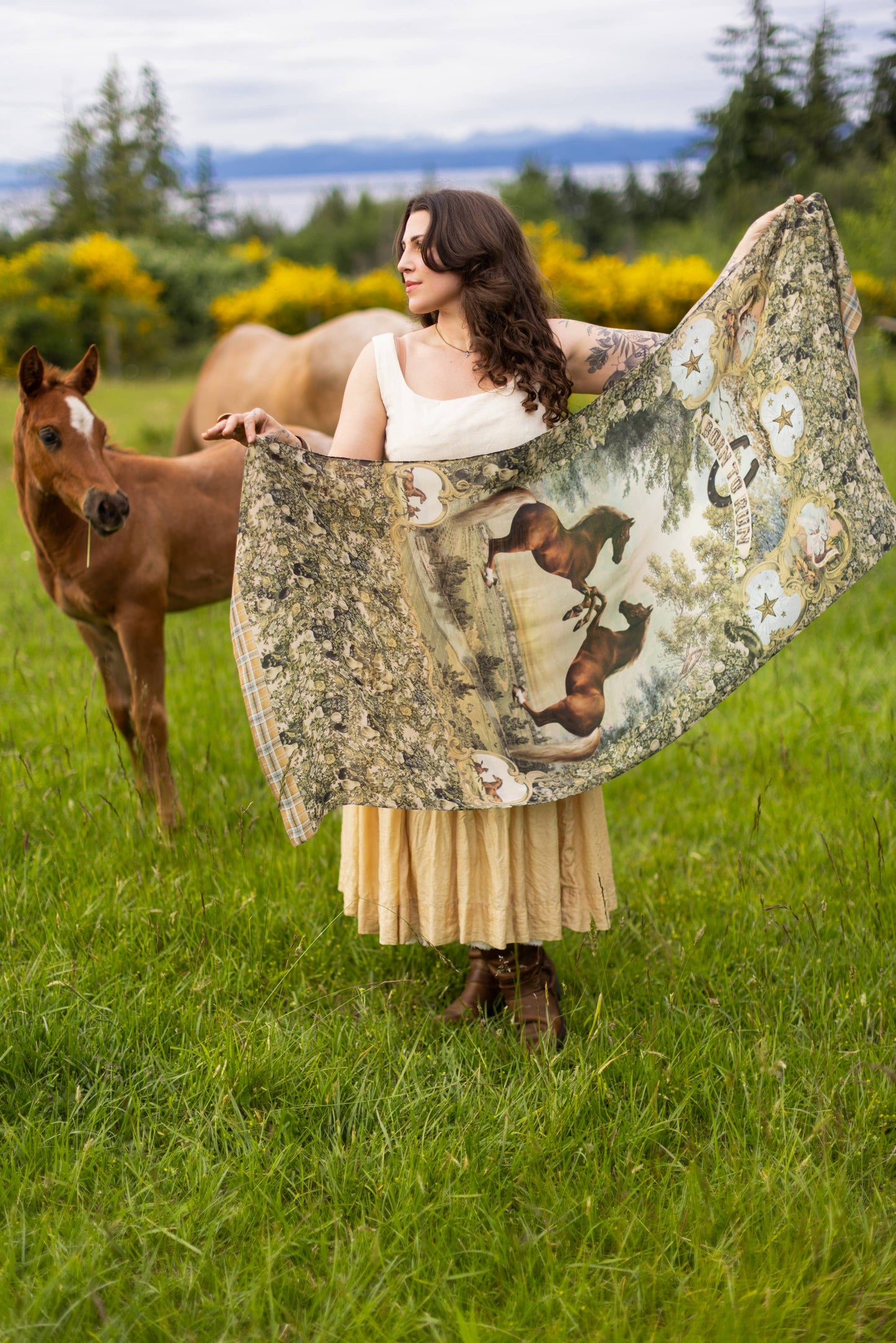 Born To Run Scarf with Wild Horse & Floral Print