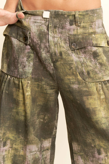 Curve Tie-Dye Printed Mid-High Waist Pants - Dark Olive