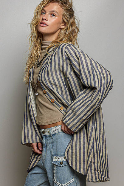 Stripe Pattern Asymmetrical Hem Lapel Style Woven Jacket