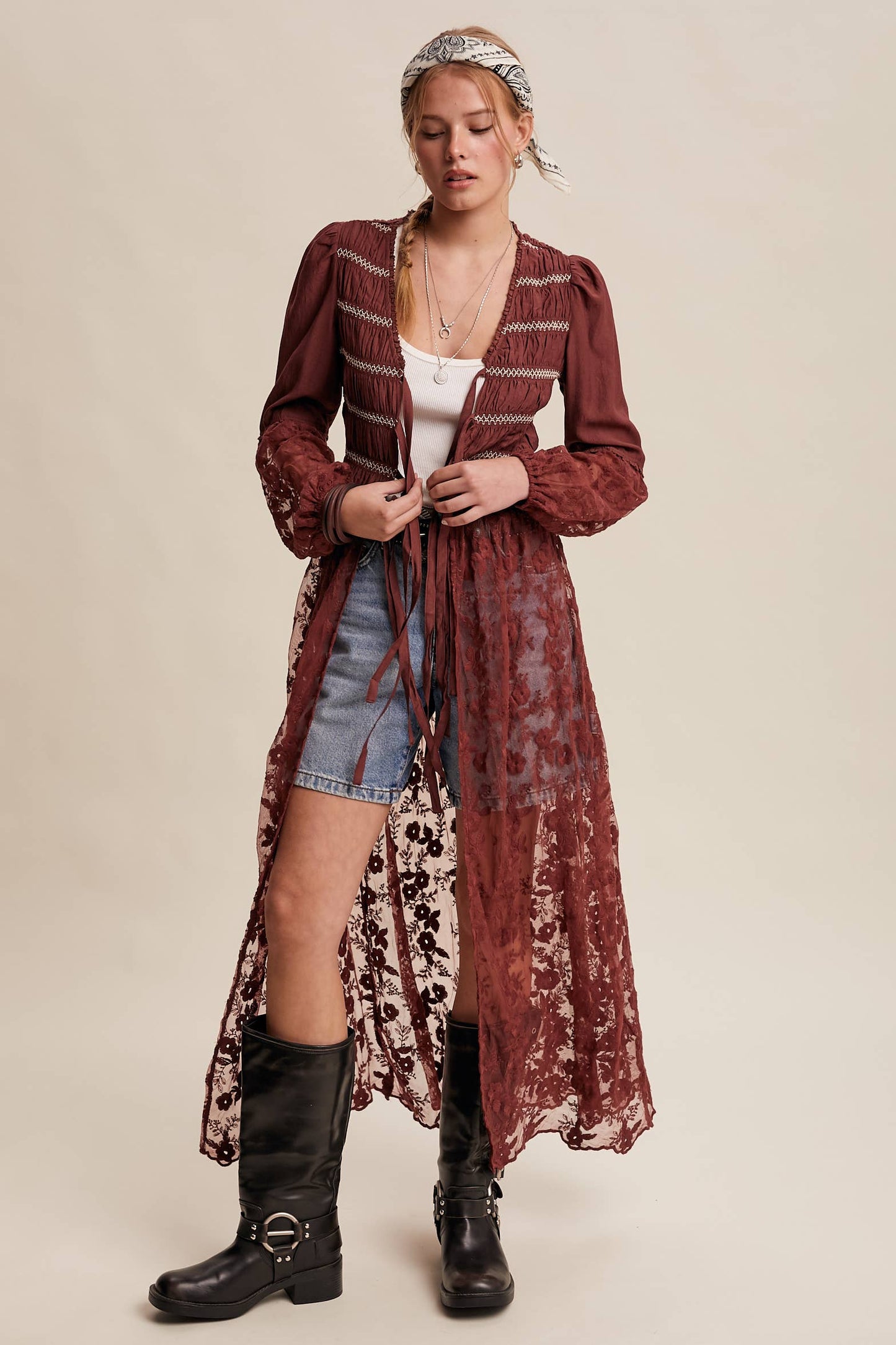 Lace-Up Embroidered Maxi Kimono - Wine
