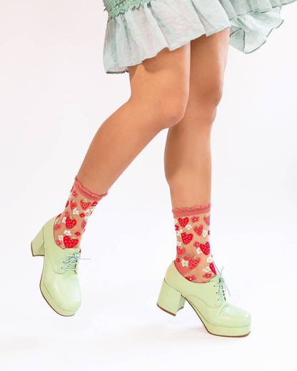 Strawberry Daisy Ruffle Sheer Crew Sock - La De Da