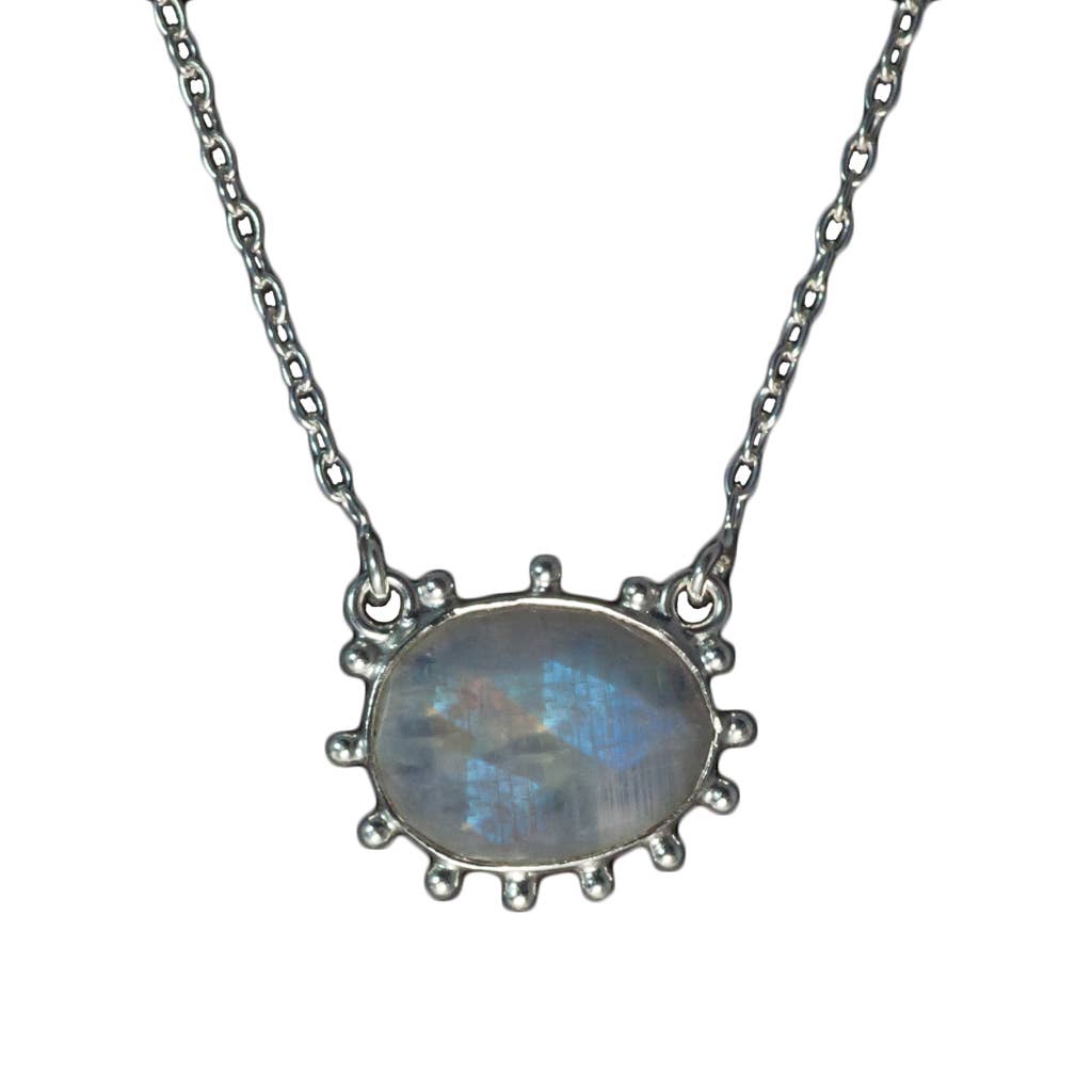 Peacock Egg Rainbow Moonstone Sterling Necklace