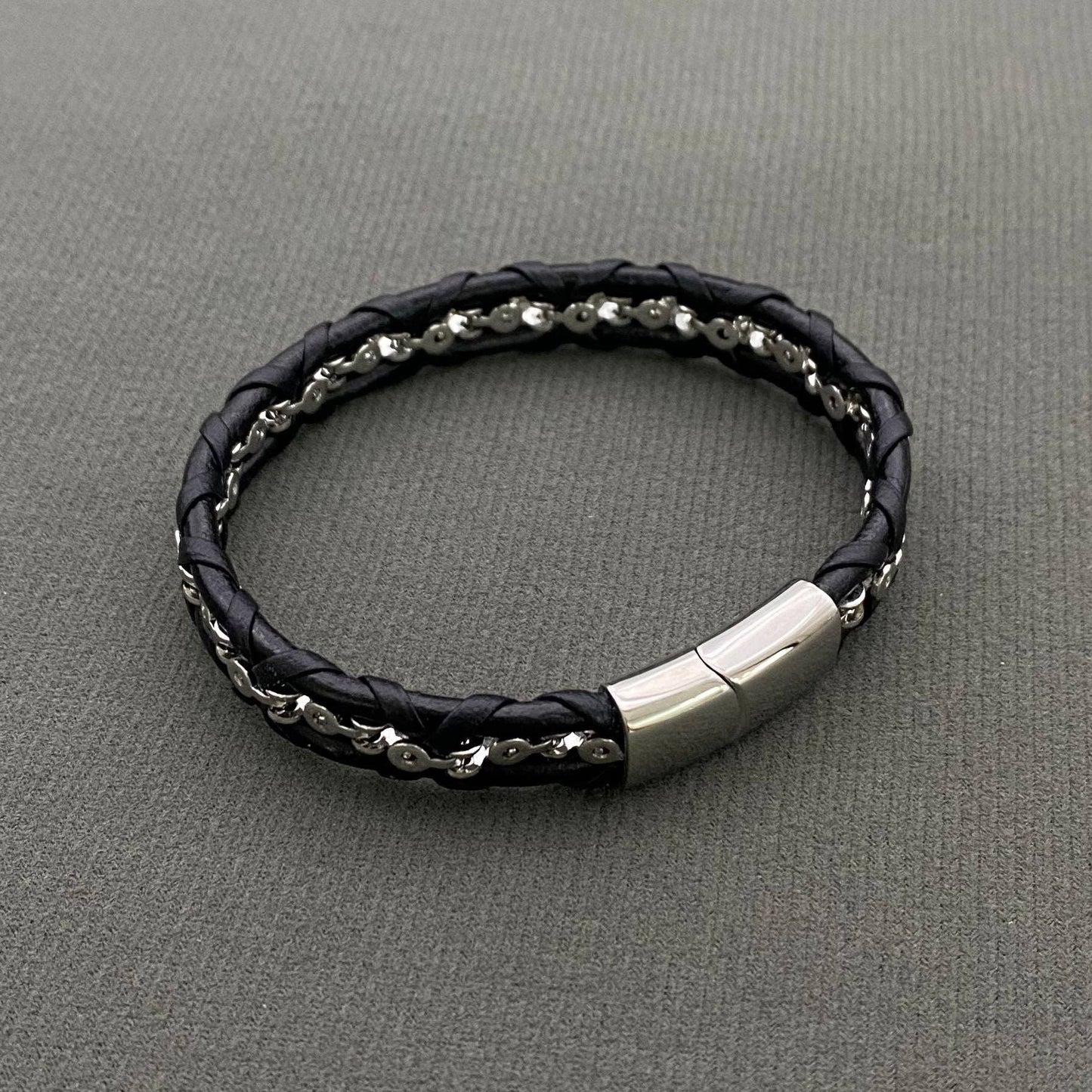 Men's Stainless Steel Chain PU Leather Woven Bracelet