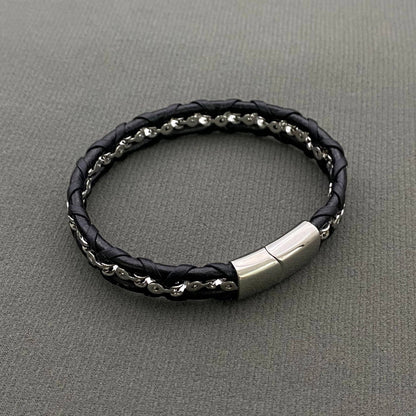 Men's Stainless Steel Chain PU Leather Woven Bracelet