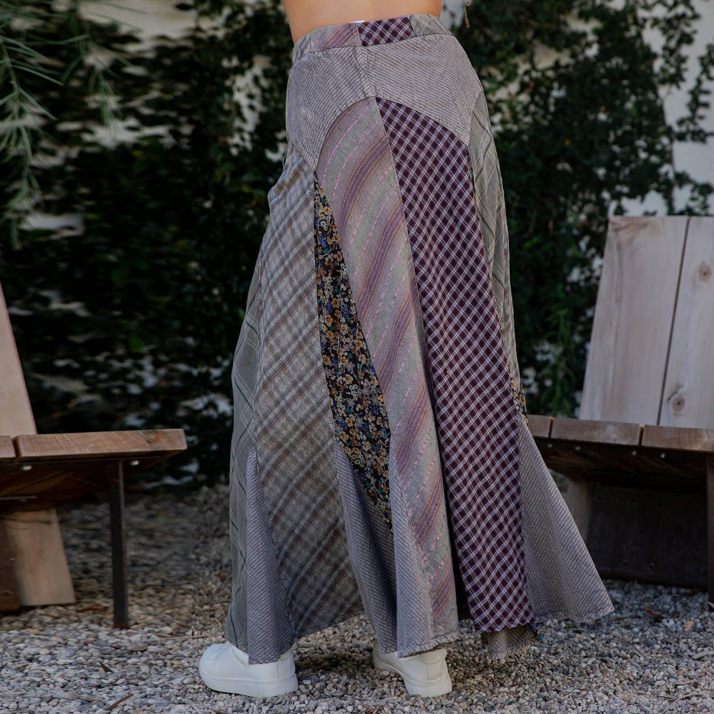 Boho Bias - Cut Skirt in Plaid Print & Stripe