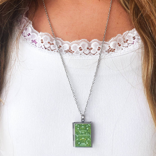 Book Locket Sense and Sensibility - Green Filagree - Stainless Steel