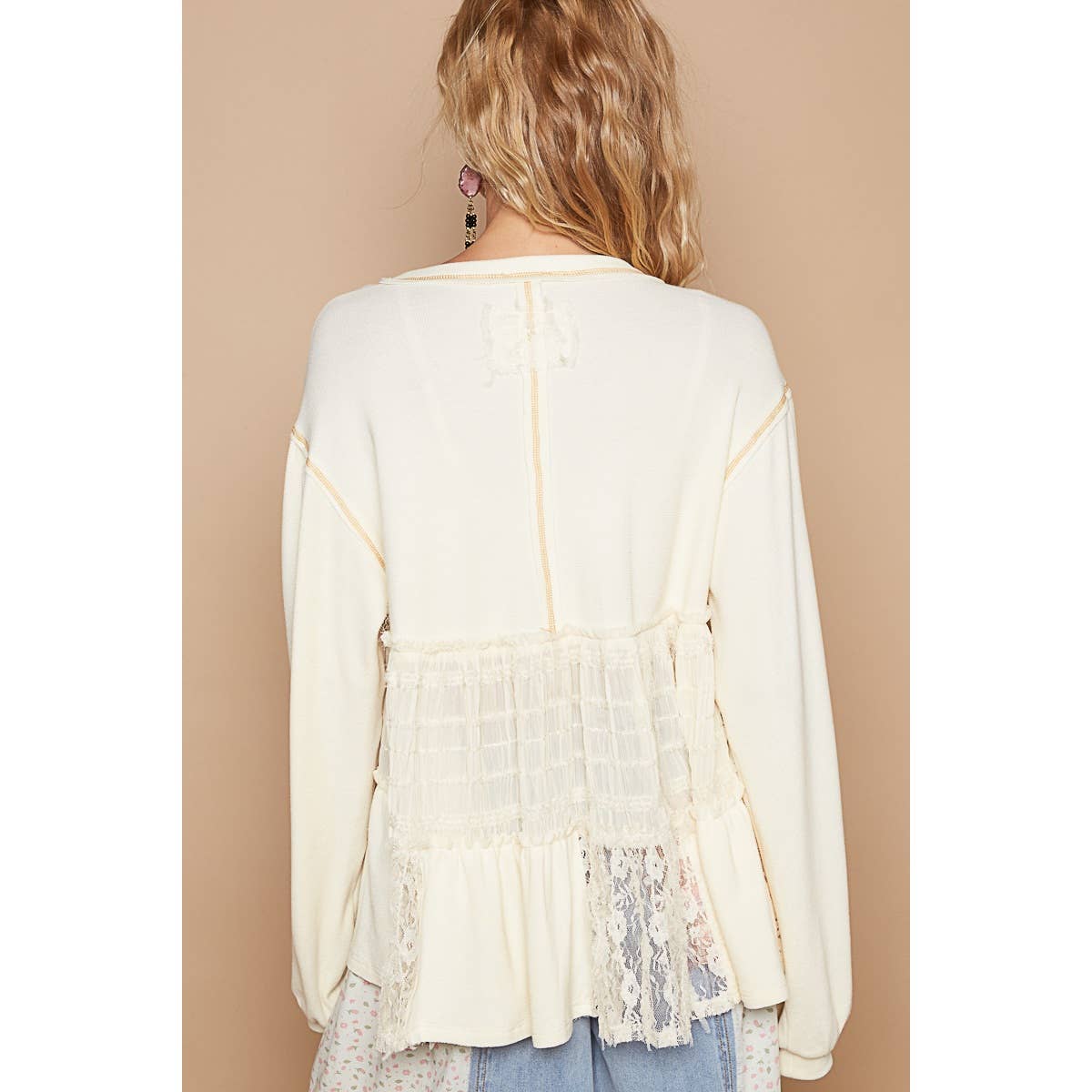 Balloon Long Sleeve Lace Contrast Solid Knit Top - CREAM