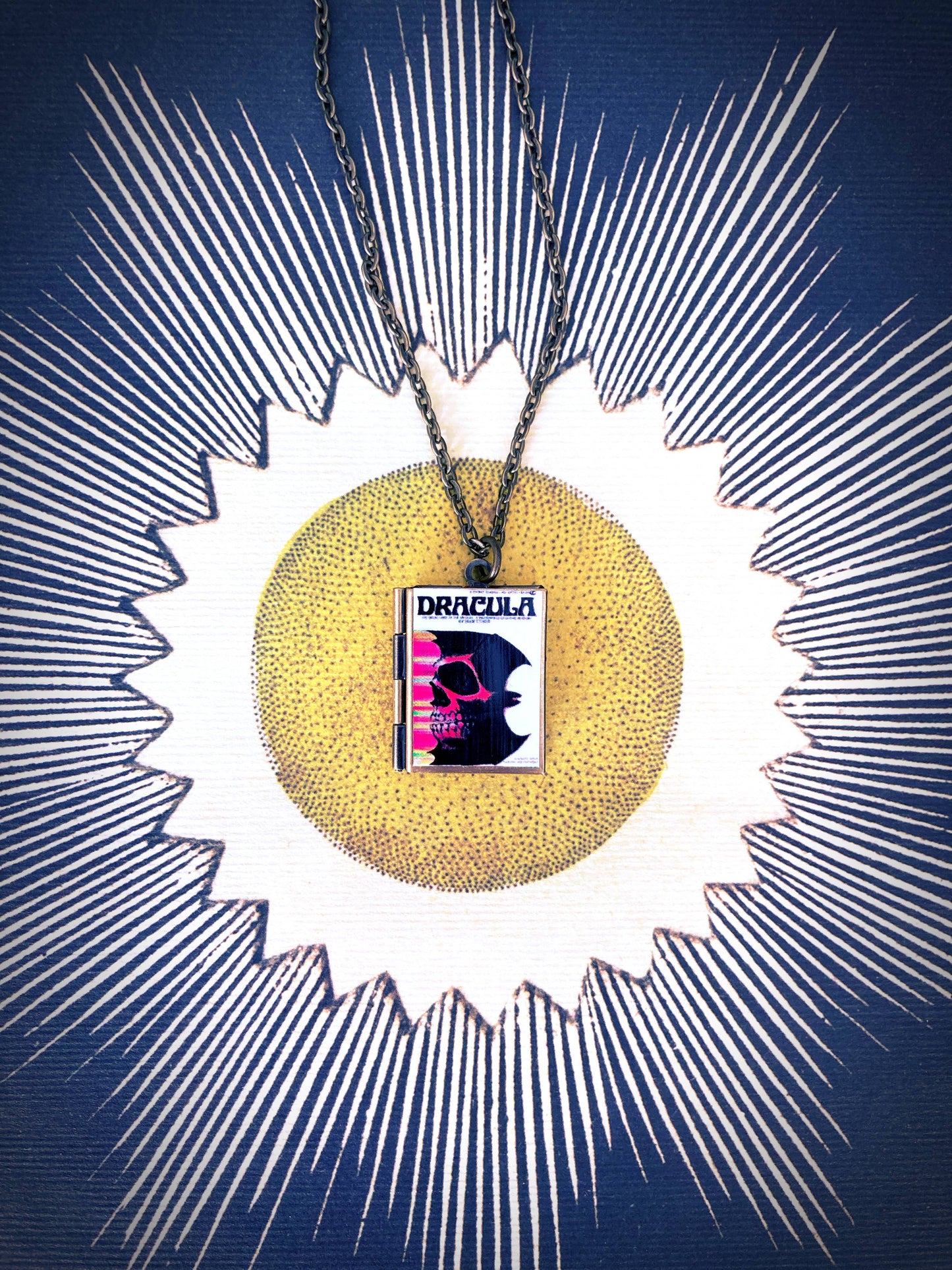 Book Locket Dracula - White with Bat Skull - Bronze