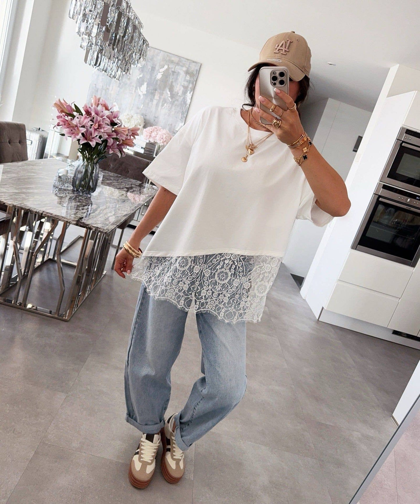 Lace Trim Relaxed Fit Crew Neck Top