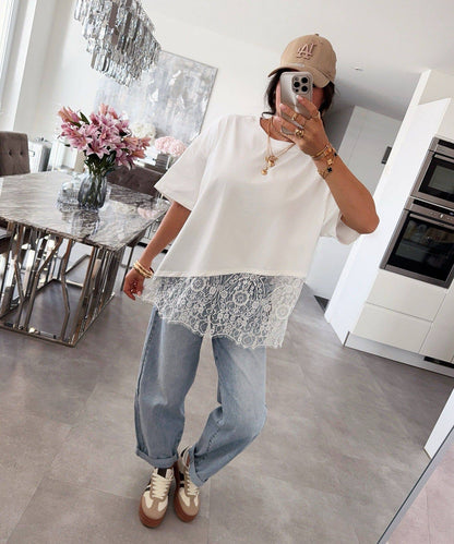 Lace Trim Relaxed Fit Crew Neck Top