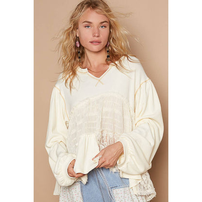 Balloon Long Sleeve Lace Contrast Solid Knit Top - CREAM