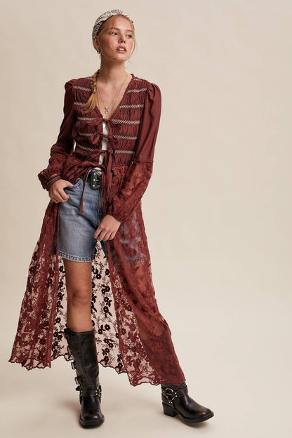 Lace-Up Embroidered Maxi Kimono - Wine