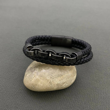 Retro S.Steel Chain Men's Double-layer Leather Bracelet