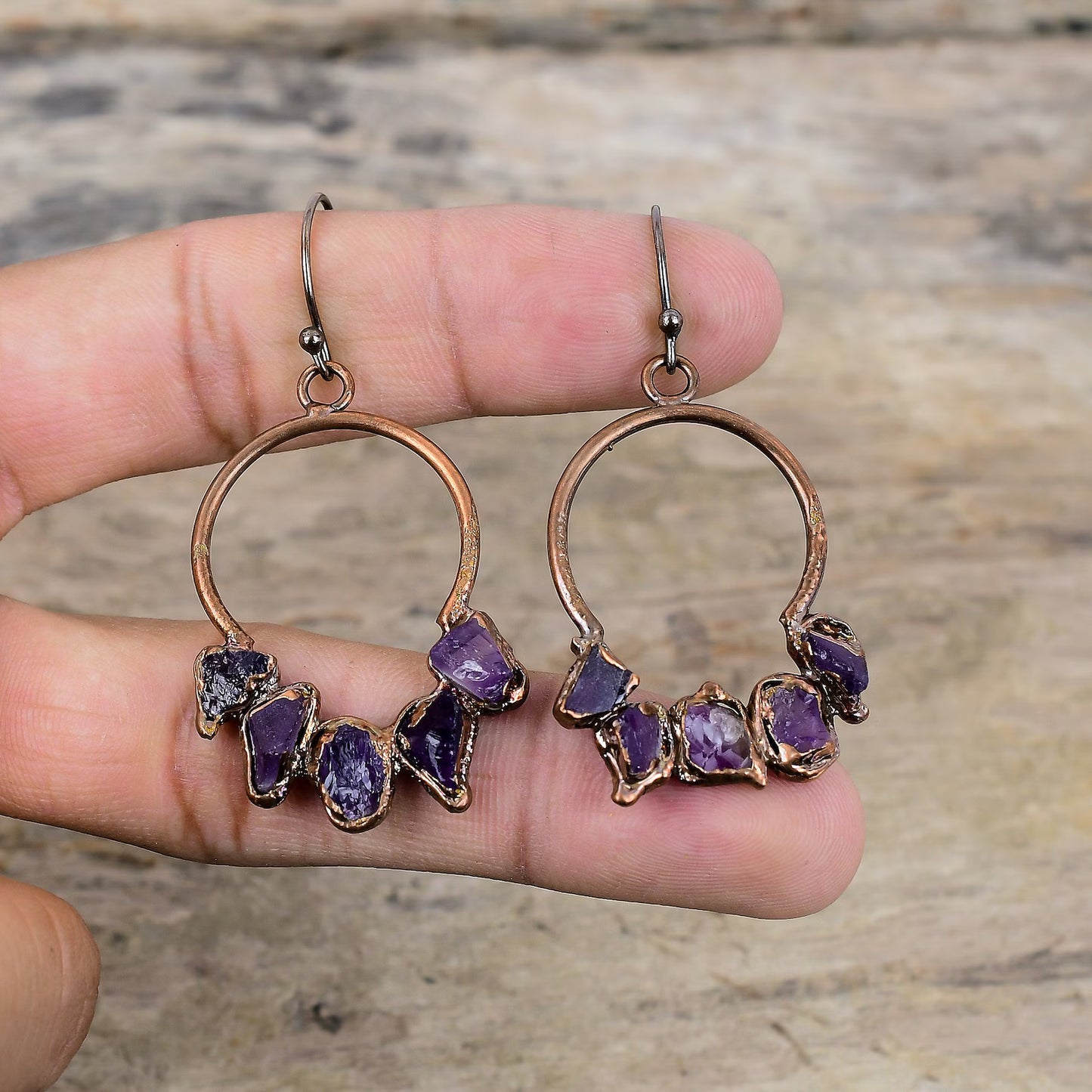 African Rough Amethyst Copper Earrings