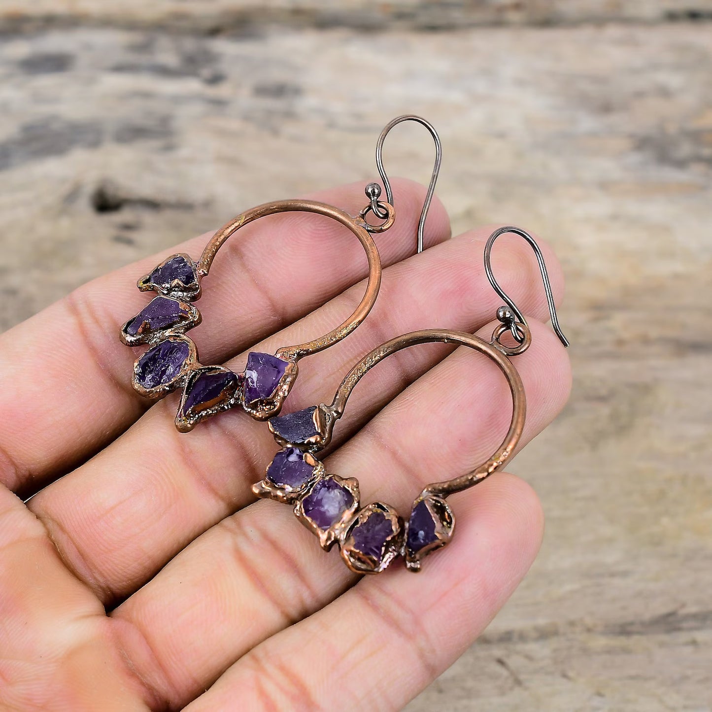 African Rough Amethyst Copper Earrings