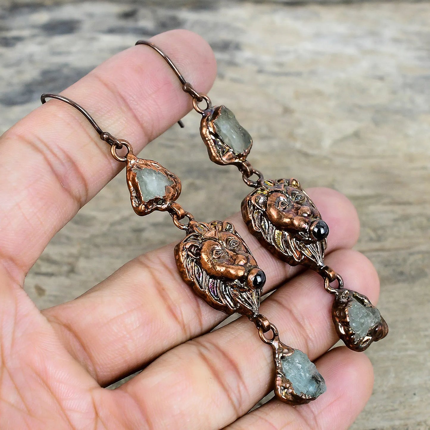 Aquamarine and Copper Lion Earrings