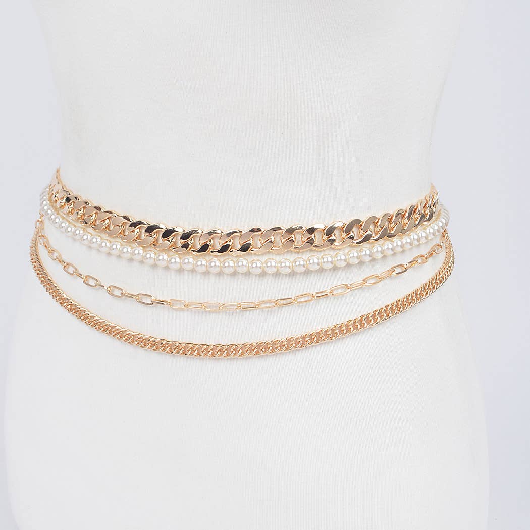 4-Strand Chain Belt with Chunky Chain & Pearls - Gold