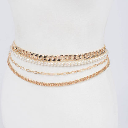 4-Strand Chain Belt with Chunky Chain & Pearls - Gold