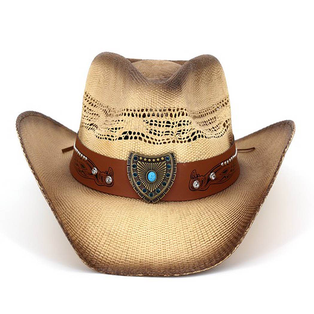 Vented Vintage Cowboy Straw Hat With Turquoise Concho