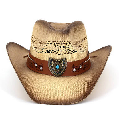 Vented Vintage Cowboy Straw Hat With Turquoise Concho