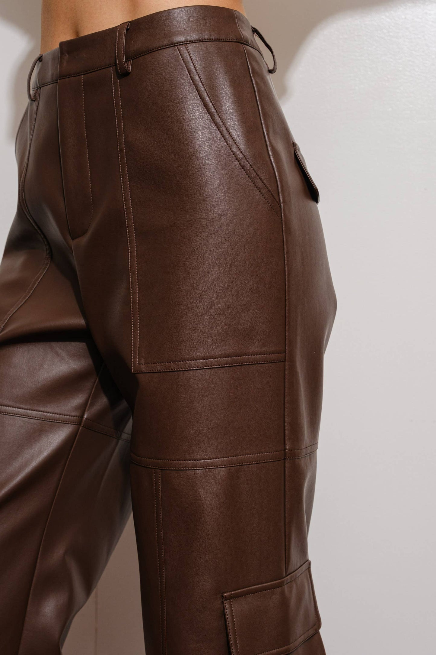 Vegan Leather Cargo Pants - Brown