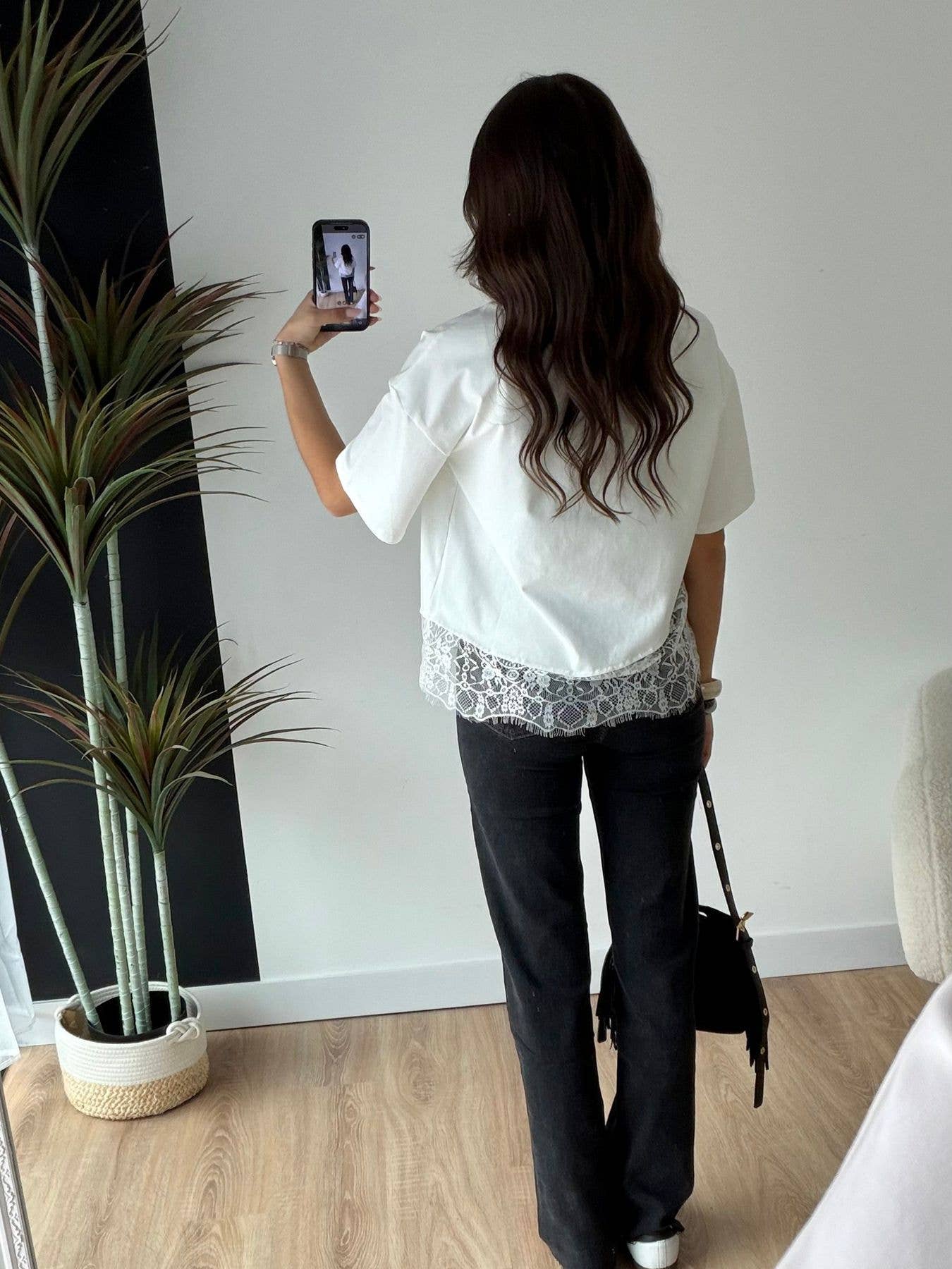 Lace Trim Relaxed Fit Crew Neck Top