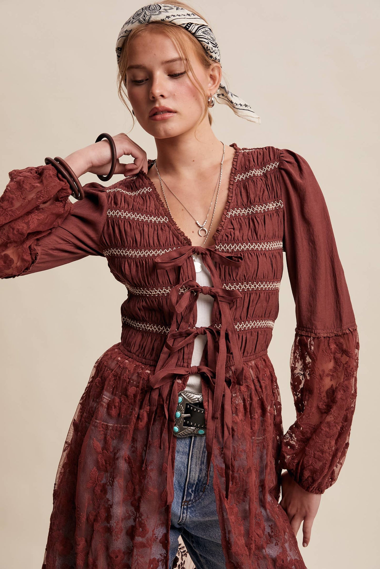 Lace-Up Embroidered Maxi Kimono - Wine