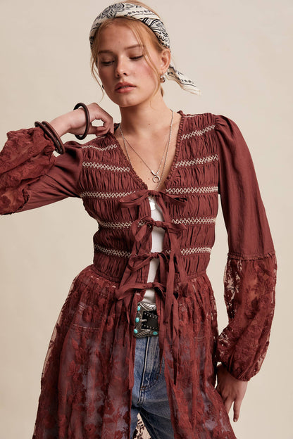Lace-Up Embroidered Maxi Kimono - Wine