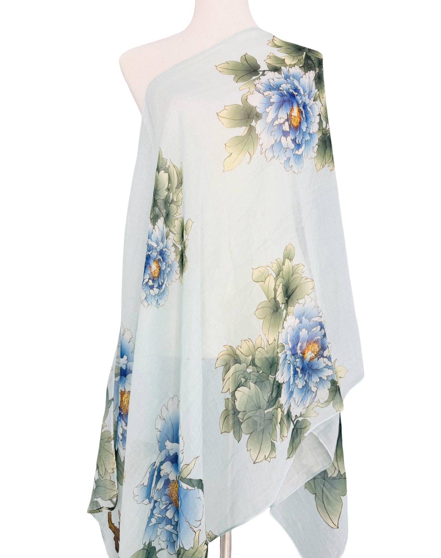Blue-Green Super Soft Beautiful Peony Blooms Scarf