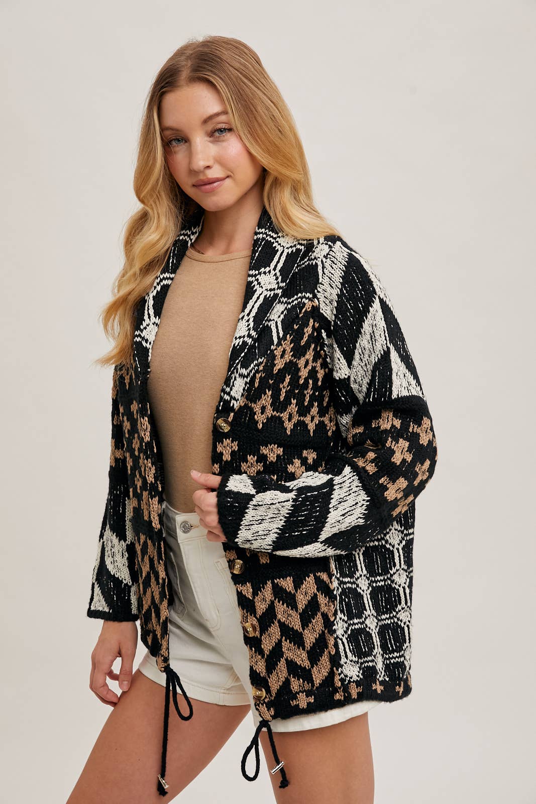 Button Down Knit Sweater Cardigan - Black/Brown