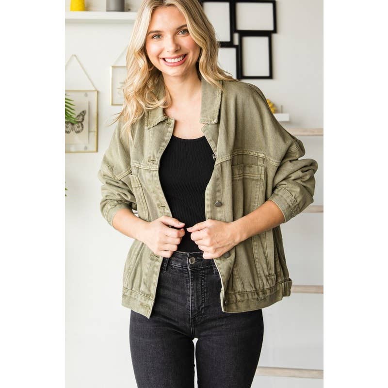 Curve Pleated Back Denim Jacket - Olive