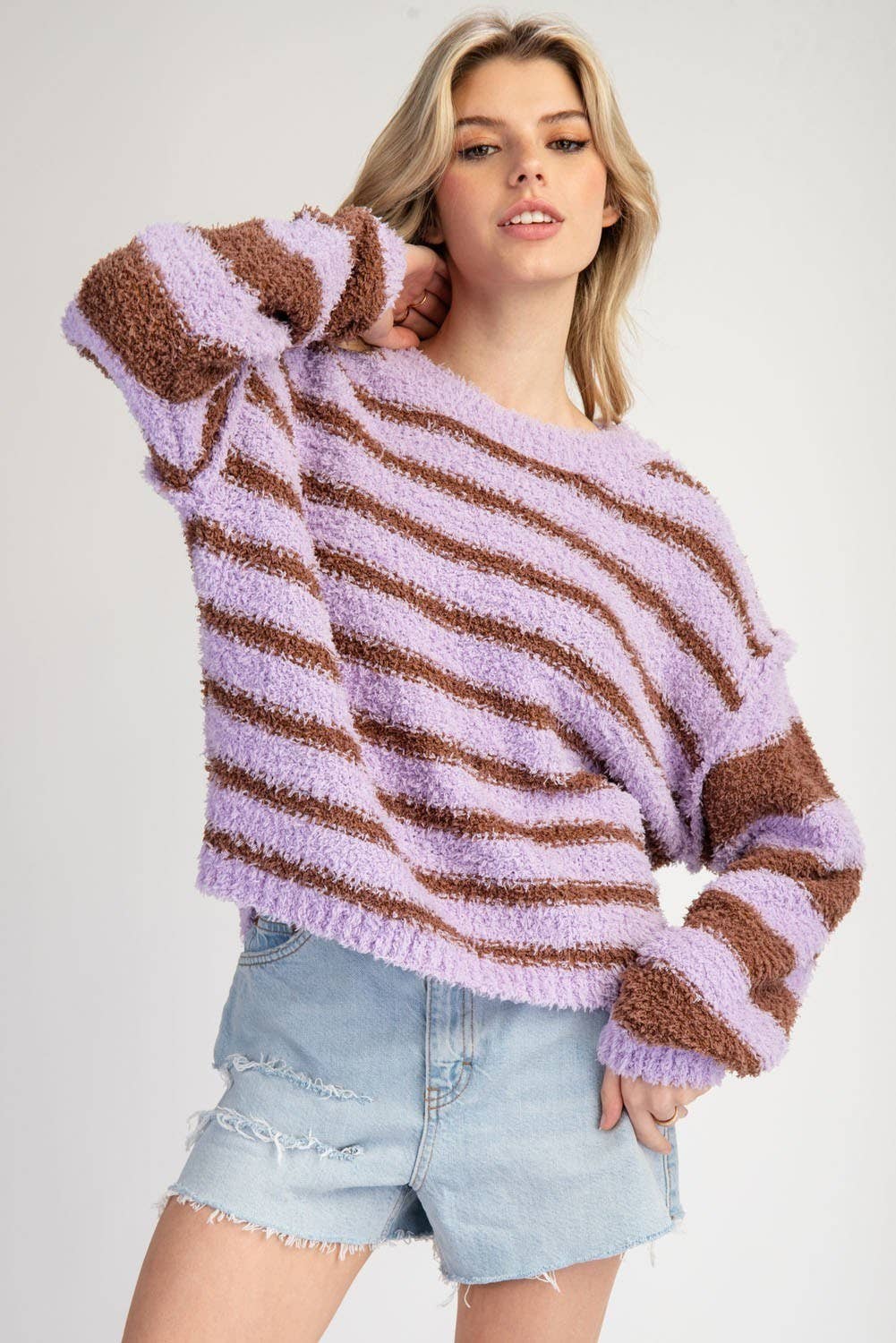Striped Fleece Pullover Sweater - Lavender