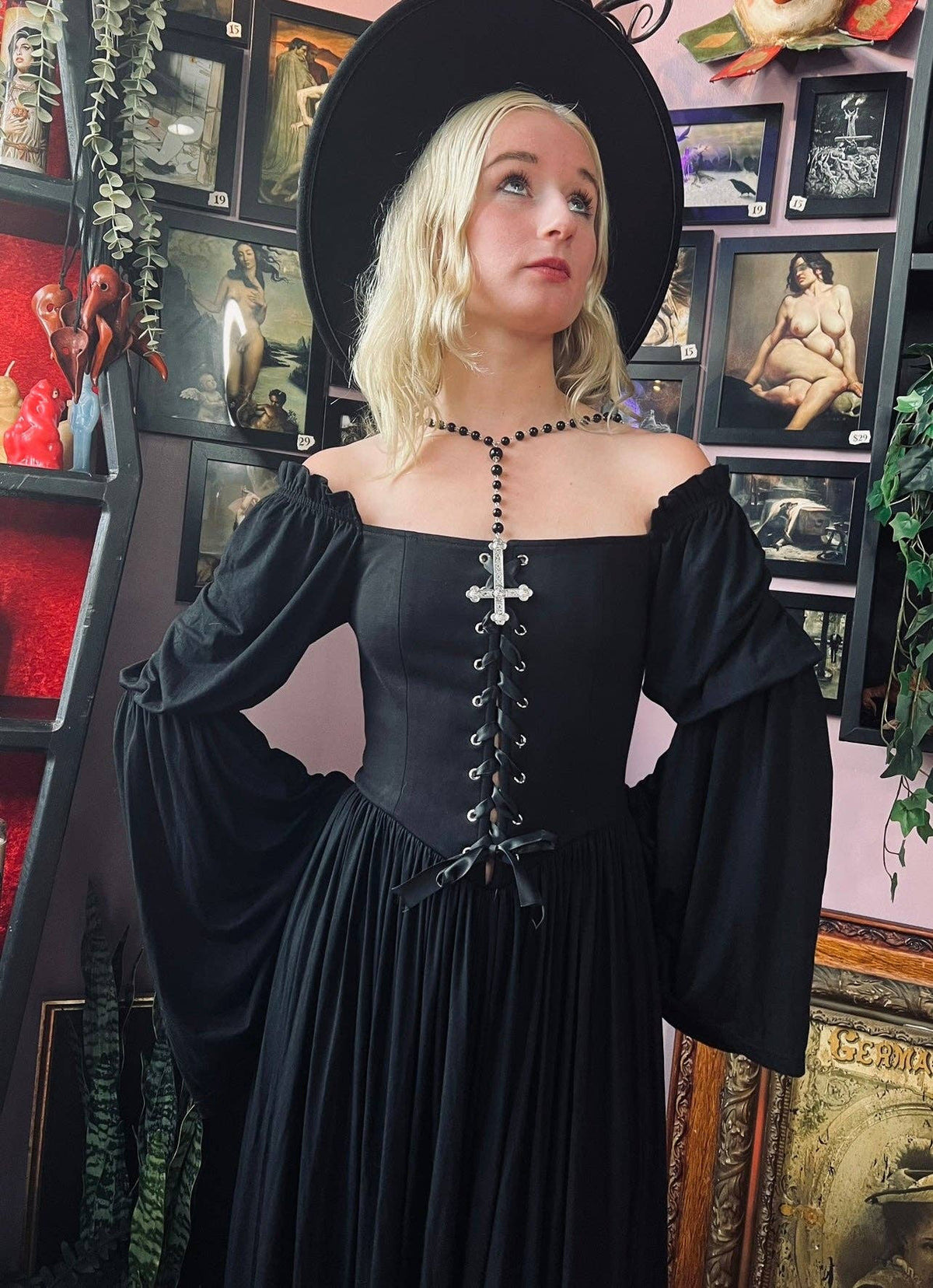Lilith - Cottage Goth Lace Up Jersey Dress