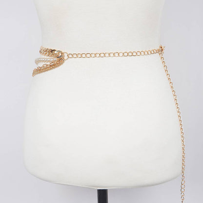 4-Strand Chain Belt with Chunky Chain & Pearls - Gold
