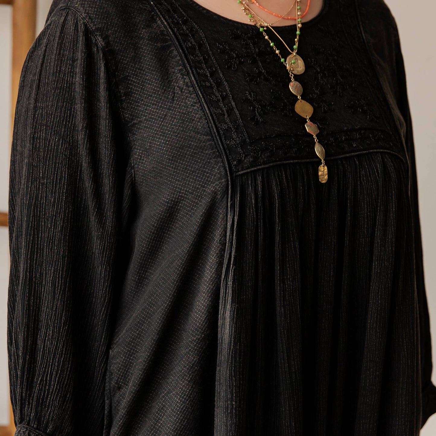 Boho Embroidered Ruffle Hem Babydoll Dress - Charcoal