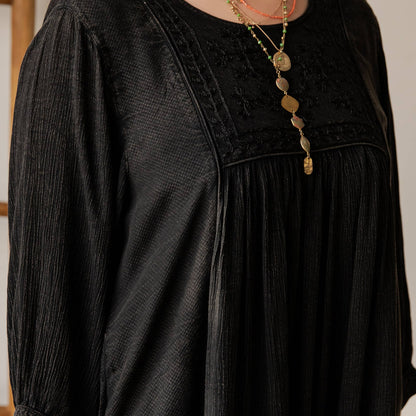 Boho Embroidered Ruffle Hem Babydoll Dress - Charcoal