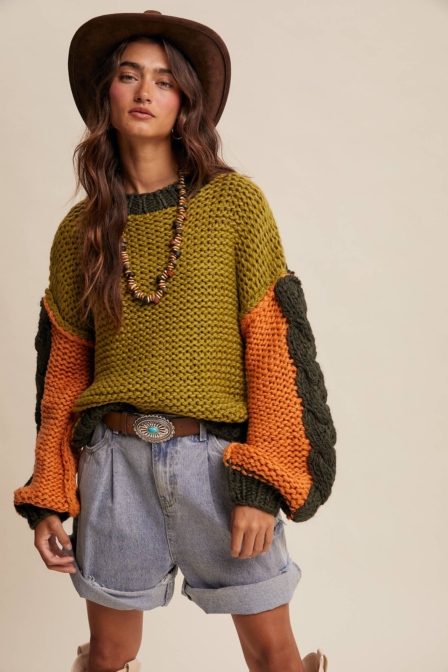 Hand-Knit Chunky Crochet Pullover - Olive Multi