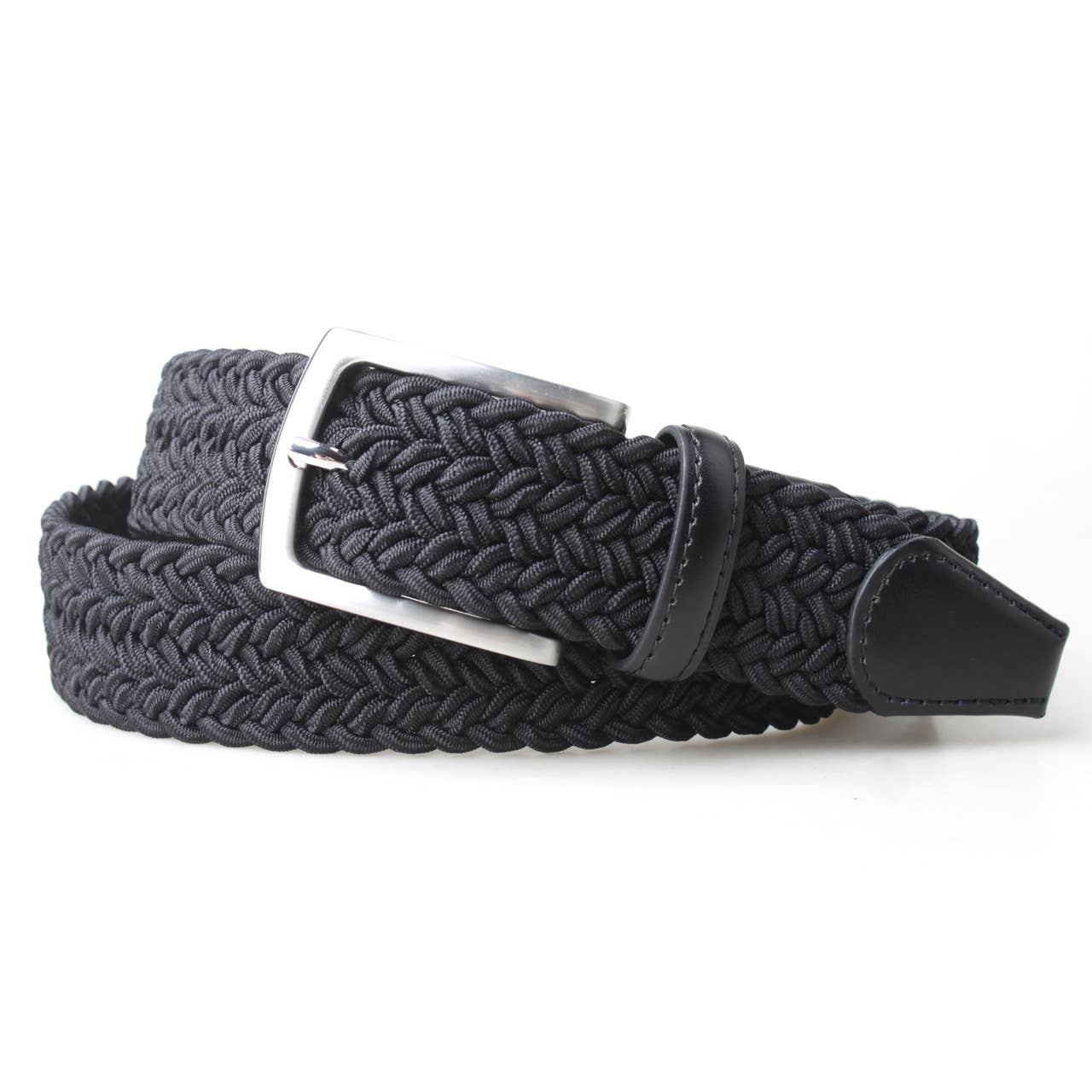 Mens Thick Braided Stretch Woven Fabric Belt w/ Leather Trim - Black