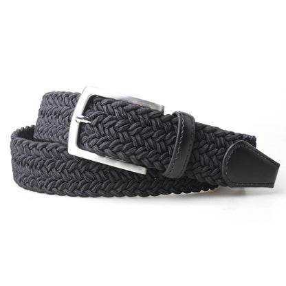 Mens Thick Braided Stretch Woven Fabric Belt w/ Leather Trim - Black