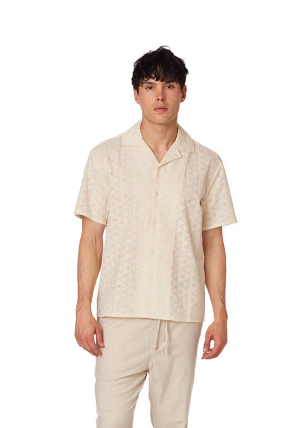 Textured Short Sleeve Men's Cotton Shirt  - Off White