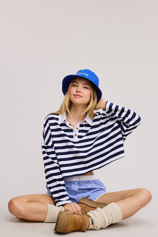 Striped Cropped Polo Shirt with Button Collar - Navy