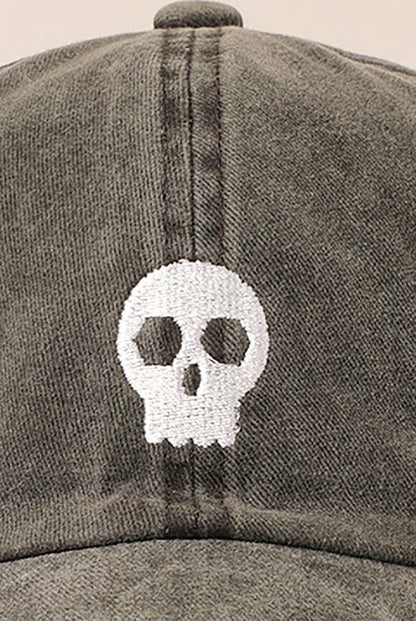 Skull Embroidered Cotton Baseball Cap - BLACK