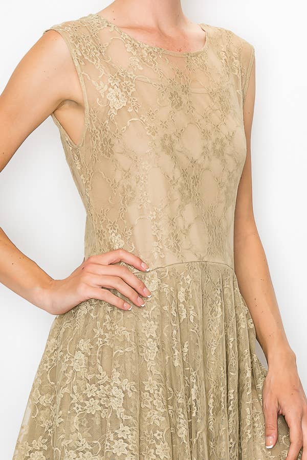 Whimsical Sleeveless Lace Midi Dress With Unattached Slip - TAUPE