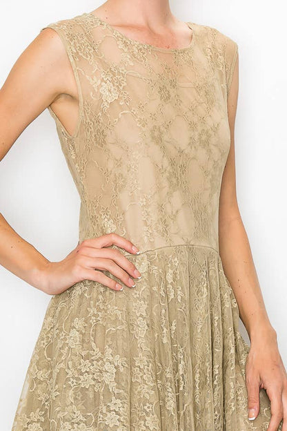 Whimsical Sleeveless Lace Midi Dress With Unattached Slip - TAUPE