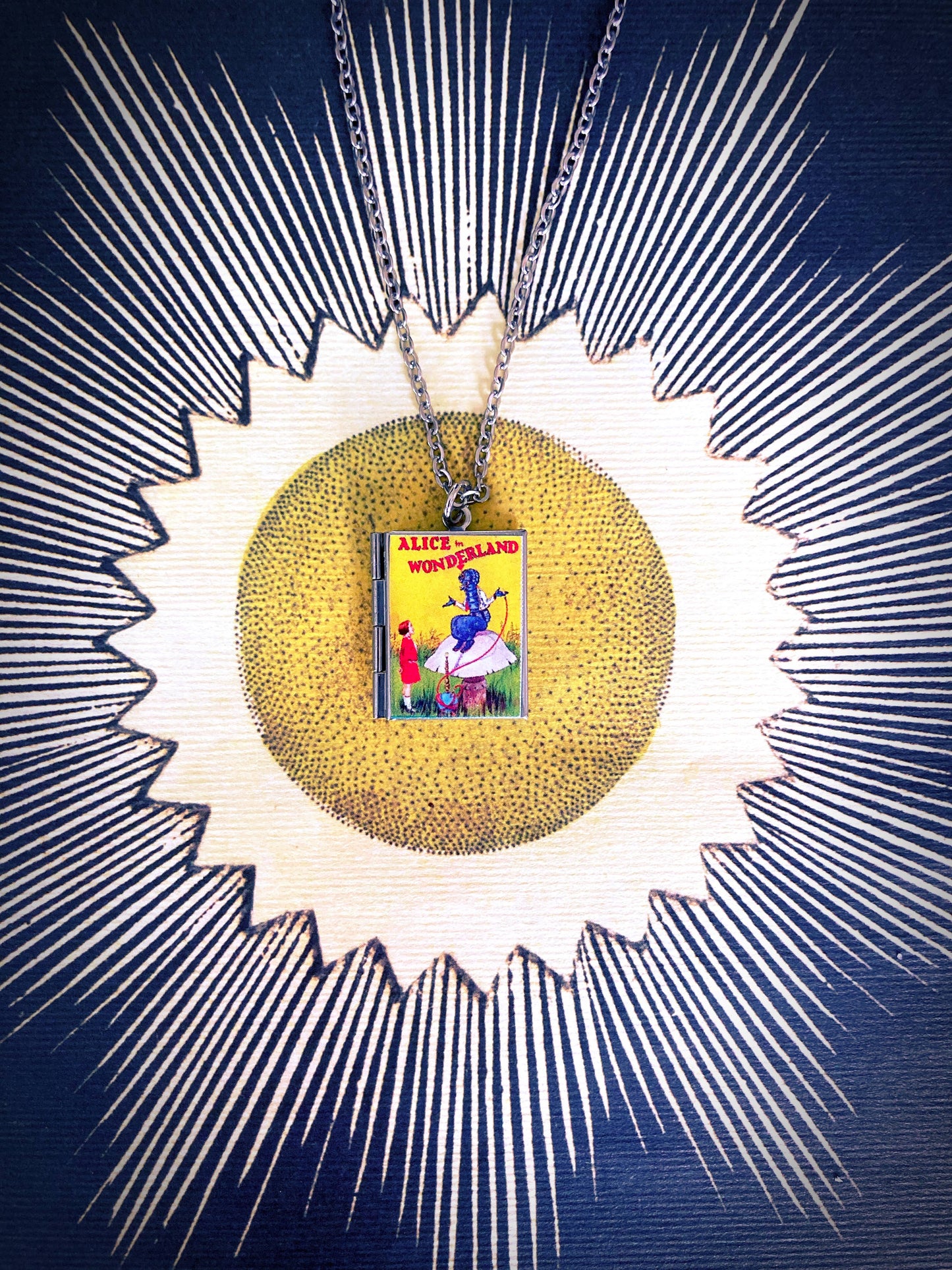 Book Locket Alice In Wonderland - Yellow with Caterpillar - Stainless Steel