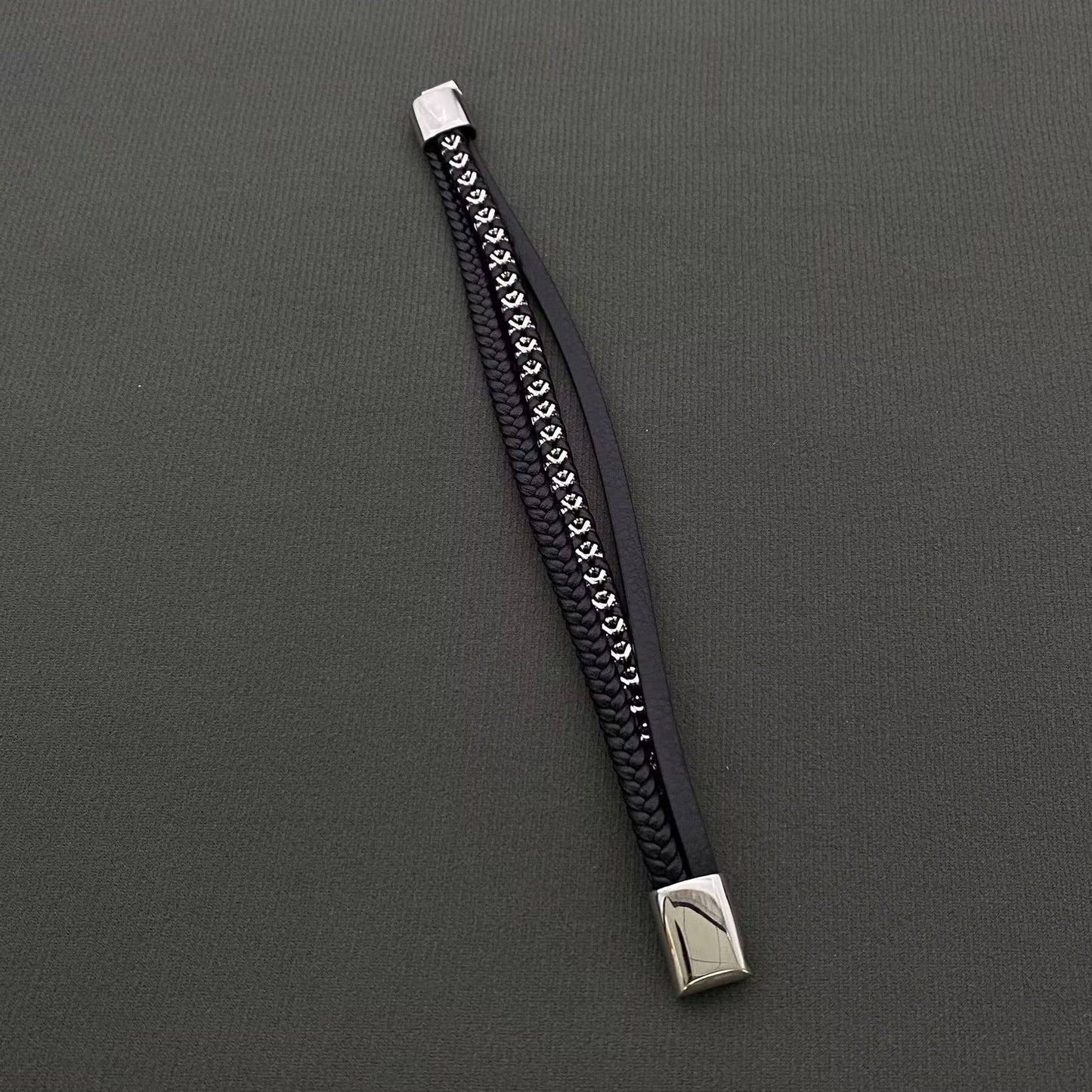 Men's Stainless Steel & Leather Woven Bracelet