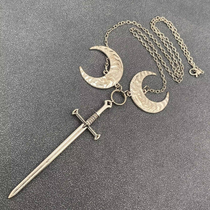 Double Moon Silver Tone Longsword Charm Necklace