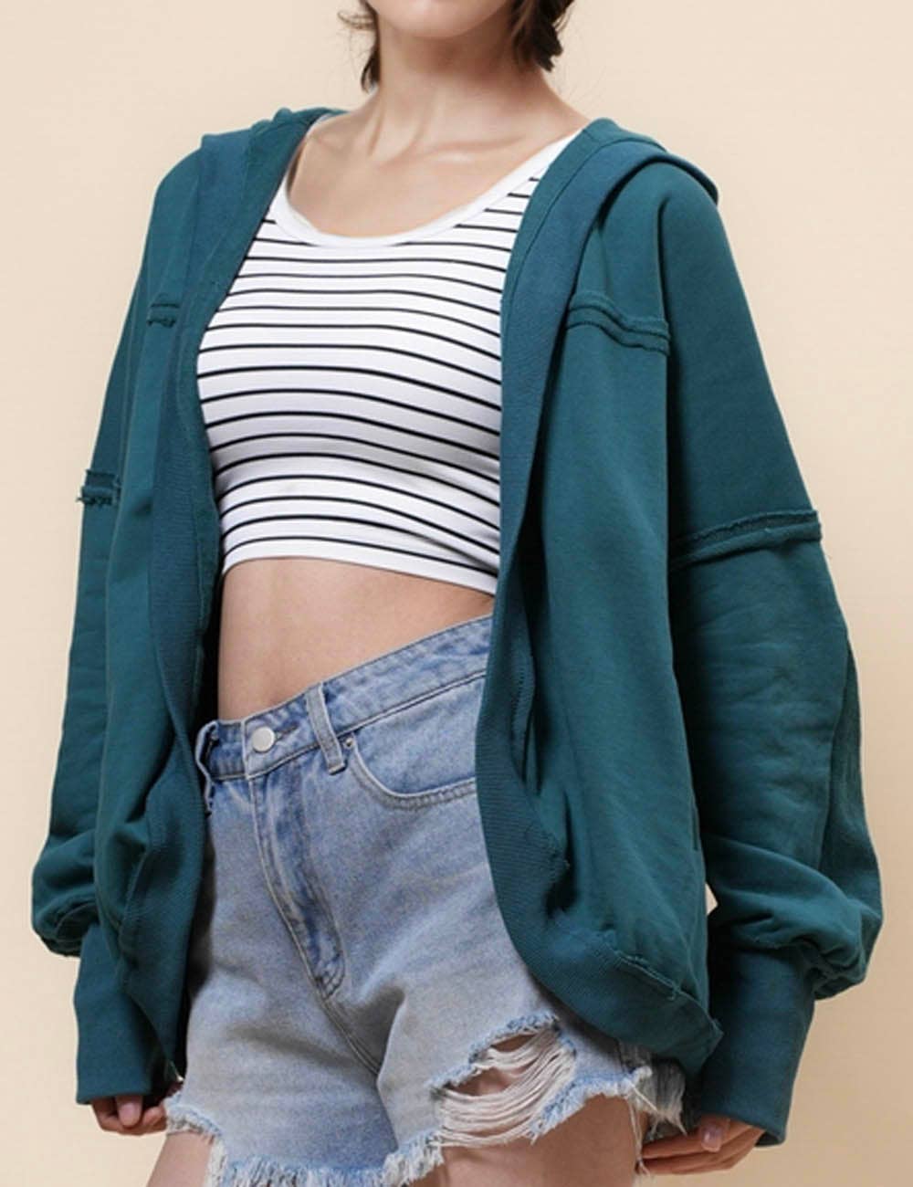 Ladies Solid Color Hood Slouchy Jacket - Dark Green